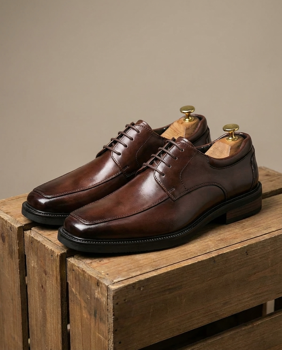 Men's Brown Leather Derby Dress Shoes Square Toe Lace Up Business Wedding  Office