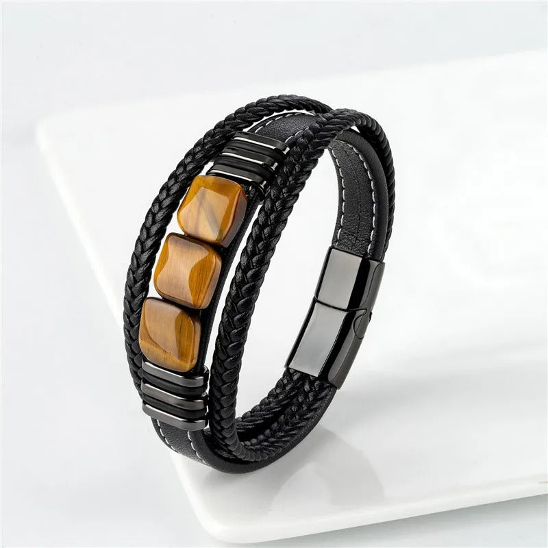 Mens 3 Stone Tiger Eye Bracelet